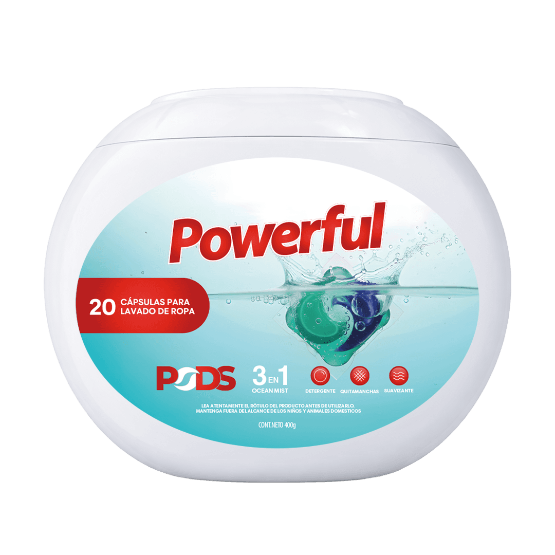 Envase original de Powerful 3 en 1, presentación de 20 cápsulas